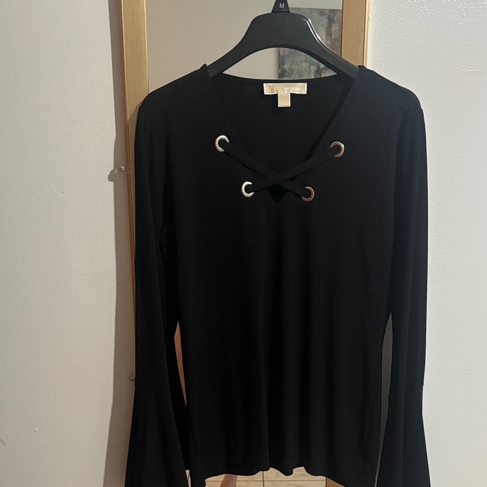 Michael Kors Black Lace-Up V-Neck Long Sleeve Top